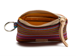Consuela Ale Pouch with colorful woven textile exterior and keyring

Woven stripe Consuela Ale Pouch with zipper closure

Interior view of Consuela Ale Pouch showing compact storage

Small woven Consuela pouch with attached keyring