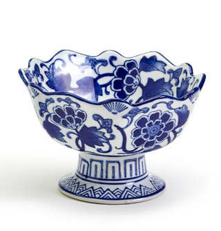 Blue & White Scalloped Edge Hand-Painted Footed Bowl with floral porcelain design