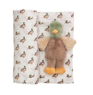 Mallard muslin swaddle blanket rolled with plush mallard duck baby rattle tied with cream ribbon