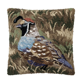 Quail hook throw pillow with detailed wool hooked quail design on a natural grass background, 16x16 decorative accent pillow.