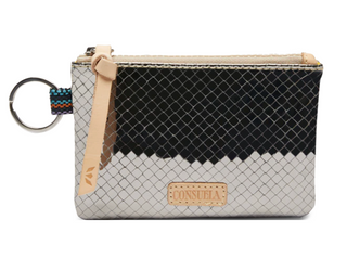 Consuela Kyle Pouch with gunmetal textured exterior and natural leather zipper pull

Gunmetal Consuela Kyle zip pouch with attached keyring and leather logo patch

Consuela Kyle Pouch interior view showing open compartment and credit card slots

Small metallic gray Consuela pouch with zipper closure and keyring