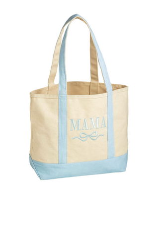 Embroidered “Mama” canvas tote bag with blue contrast straps