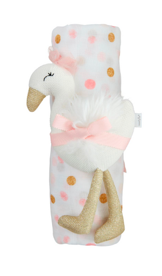 “Pink and gold dot baby swaddle with plush rattle”