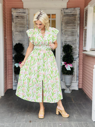 Juli Dress botanical print cap sleeve midi dress with smocked waist and front zip closure