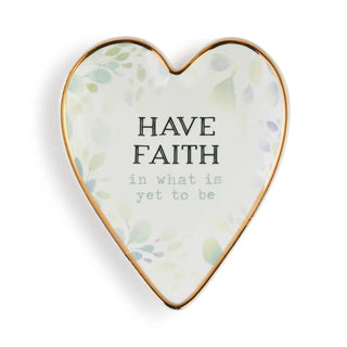 Heart-shaped ceramic trinket dish with gold rim and “Have faith in what is yet to be” message

Inspirational heart trinket dish with botanical design and gold trim

Faith Art Heart Trinket Dish for jewelry and small keepsakes

