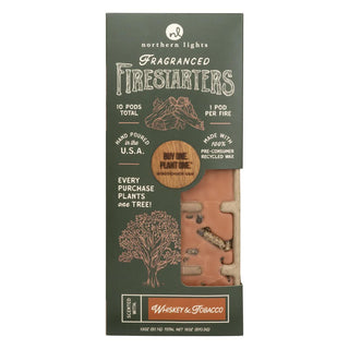 Fragranced Firestarters in Whiskey & Tobacco scent with 10 easy-light wax pods for fireplaces, campfires, wood stoves, and outdoor fire pits.