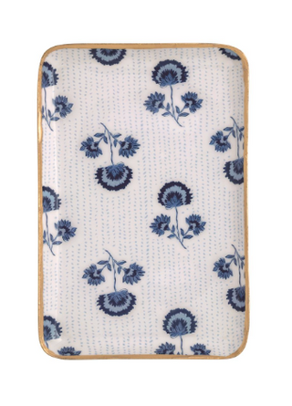 Blue patterned enamel trinket tray with hand painted gold edge