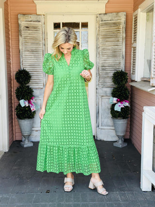 Aisha Dress green eyelet midi dress with puff sleeves and pockets

Green eyelet dress with ruffle hem and short puff sleeves

Aisha green embroidered eyelet dress with pockets

Women’s green eyelet dress with feminine ruffle hem