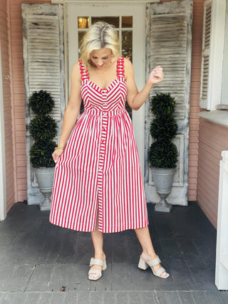 Lillian Dress striped midi dress with embroidered strap detail in red and white cotton poplin with pockets