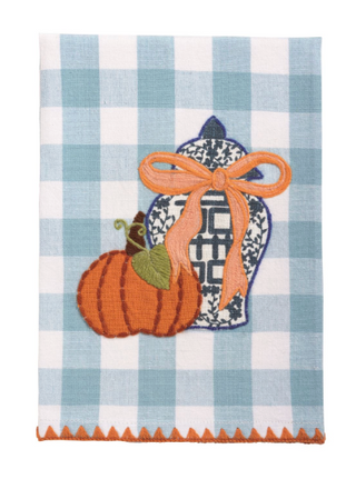 Blue gingham cotton hand towel with pumpkin and blue chinoiserie vase appliqué, orange embroidered bow, and embroidered triangle hem.