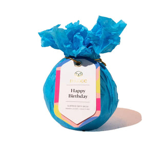 Musee Happy Birthday bath balm wrapped in colorful tissue with gift tag