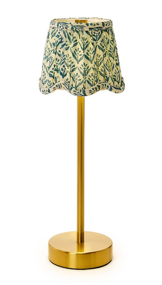Scalloped floral fabric lampshades in red and blue linen with elegant pleated edges for portable LED lamps