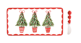 Tree Topiary Tray Set featuring a hand-painted ceramic serving tray with three Christmas tree topiaries and a coordinating metal spreader with a ceramic handle.