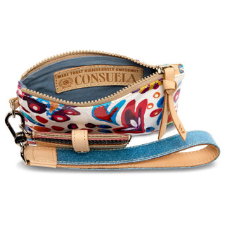 Consuela Bianca Combi wristlet pouch set with colorful print pouch, glitter wrist strap, and card wallet