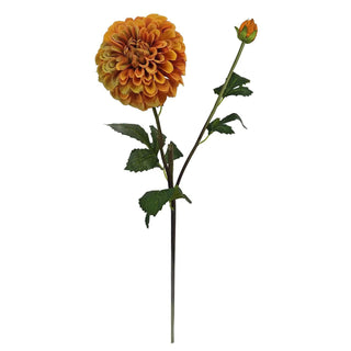 31-inch faux orange dahlia spray featuring a full lifelike dahlia bloom, realistic bud, and green foliage, perfect for fall floral arrangements and seasonal home décor.