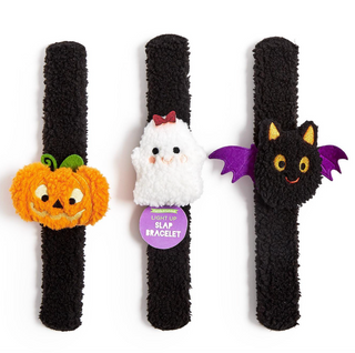Halloween plush LED slap bracelet with festive pumpkin, ghost, and bat characters.