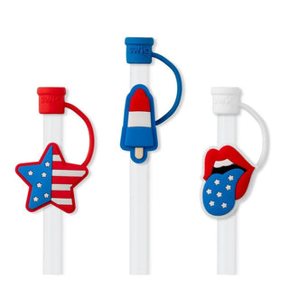 All American straw topper set with red white and blue silicone toppers and reusable straws