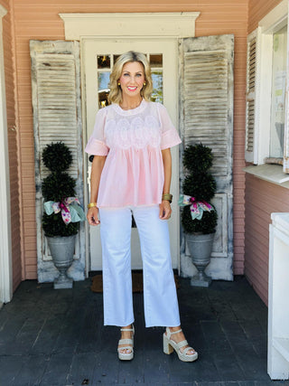 Pink mesh babydoll blouse with short sleeves and lace applique