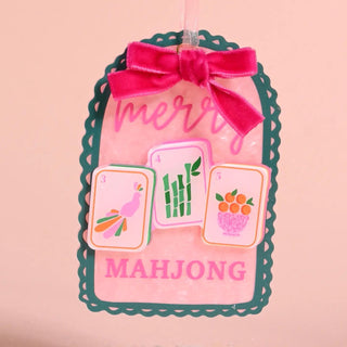 Merry Mahjong acrylic Christmas ornament with colorful mahjong tiles and pink bow