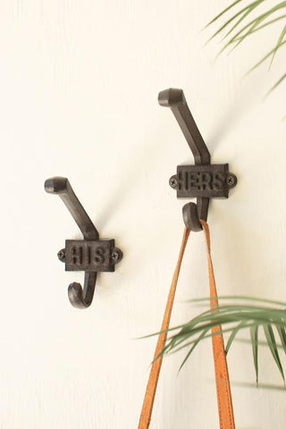 Set of two cast iron His and Hers wall hooks for keys, hats, or entryway organization