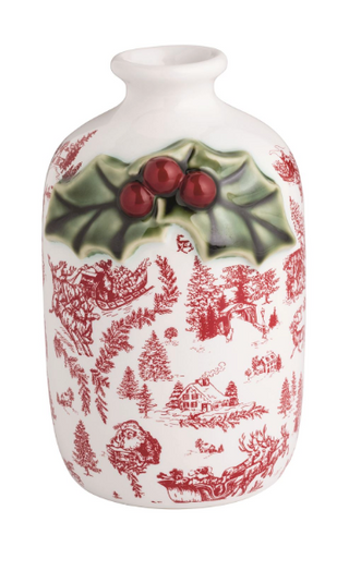 Red and white toile bud vase with 3D holly berry accent

Christmas-themed stoneware vase with hand-painted holly detail

Holiday toile ceramic bud vase featuring winter scenes and berries

Festive stoneware vase with red toile pattern and raised holly cluster

White Christmas bud vase with red illustrations and green holly decor

