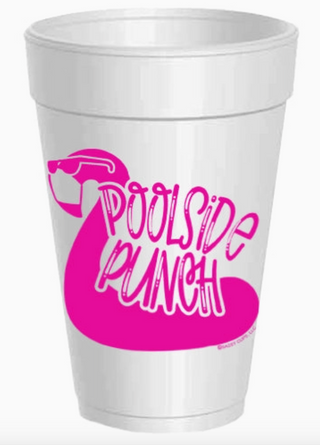 Poolside Punch Styrofoam Cups with bright pink flamingo graphic and playful typography on white 16 oz foam cups