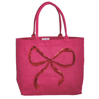 Pink jute tote bag with red sequin bow and cotton webbing handles