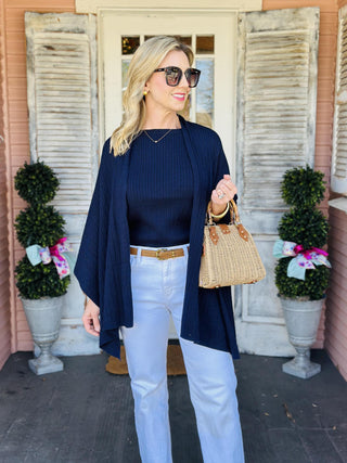 Penny Navy Top and Wrap Combo ribbed knit sweater with keyhole wrap