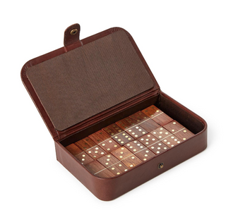 Chestnut Genuine Leather Domino Set with 28 acacia wood dominoes in a genuine leather storage case.
