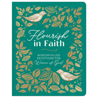 Flourish in Faith devotional book with green and gold botanical cover