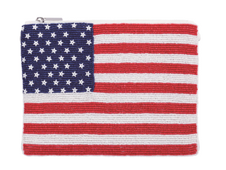 Americana beaded American flag clutch with silver chain strap