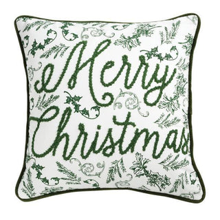 “Christmas toile pillow with green velvet piping and holiday appliqué design”

“Square cotton Christmas pillow with Merry Christmas script and tree appliqué”

“Holiday decorative pillow with velvet appliqué and French knot details”

