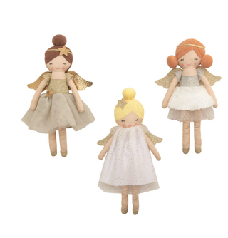Set of angel plush dolls with gold shimmer wings and mesh dresses

Soft angel dolls in assorted dresses with glitter accents

Plush angel toy collection with golden wings and star hair accessories

Handmade-style angel plush dolls in beige, white, and gold tones

Collectible angel dolls with mesh skirts and metallic details
