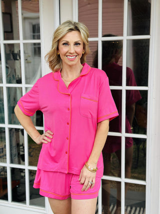 Charlotte pink short set with button-up top and shorts