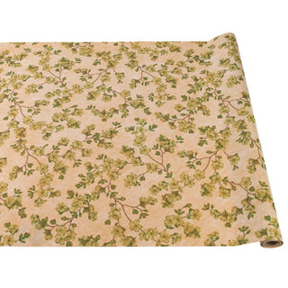 Green cherry blossom table runner with floral branches on textured paper fabric