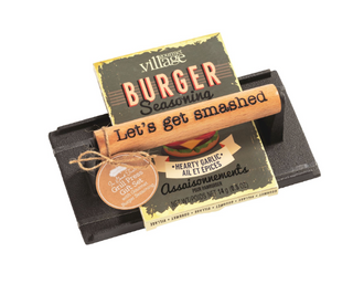 Grill Press & Seasoning Set with cast iron grill press, wooden "Let's Get Smashed" handle, and Gourmet Village Burger Seasoning packet.