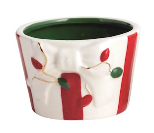 Hand-painted ceramic Christmas tidbit dishes featuring festive designs including holly, Santa, bows, and a reindeer with dimensional exterior details.
