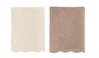 Crochet knit scalloped throw blanket in neutral color
