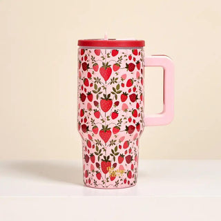 Strawberry Fields stainless steel tumbler with pink handle