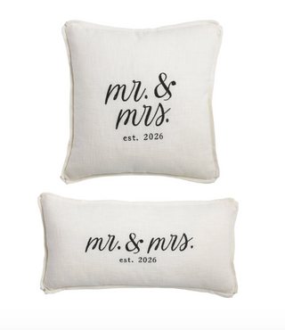 Mr and Mrs embroidered cotton pillow with est 2026 detail