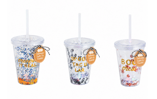 Halloween Light-Up Tumblers with double-walled sequin design, reusable straw, lid, and LED light-up base in festive Halloween styles.