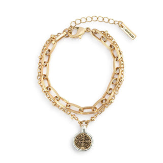 Wrapped in Prayer gold bracelet with layered chain and medallion charm