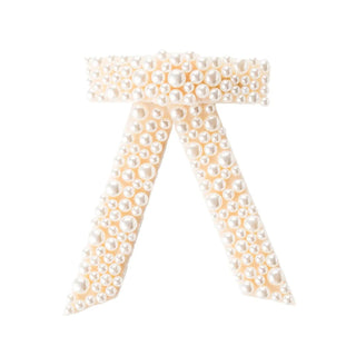 Elegant pearl encrusted bow barrette hair clip

Ivory bow barrette covered in pearls

Pearl detailed bow hair accessory

Classic pearl bow hair barrette for weddings