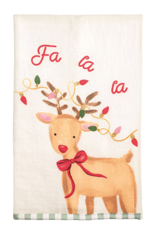 Cream cotton Christmas hand towel featuring a whimsical reindeer with a red bow, colorful Christmas lights wrapped around its antlers, "Fa la la" sentiment, and a green gingham hem.