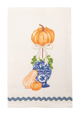 Cream cotton hand towel with embroidered blue chinoiserie pumpkin topiary design, decorative pumpkins, and blue ric-rac trim.