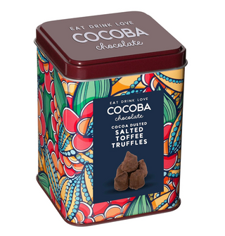 Cocoba Salted Toffee Truffles in colorful gift tin

Cocoba cocoa-dusted salted toffee truffles tin

Gift tin of salted toffee chocolate truffles by Cocoba

Cocoba chocolate truffle tin with vibrant floral design