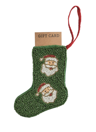 Beaded Stocking Ornaments with festive Christmas designs and grosgrain loop hangers, perfect for holding gift cards or cash.