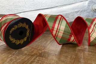 John Mark Sharp Holiday Plaid Dupion Red Taffeta Fused Ribbon 2.5 x 10 Yards