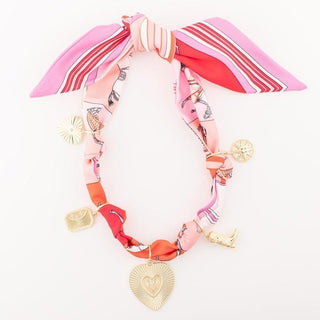 Indira Scarf Charm Necklace pink and coral scarf with gold charms