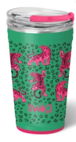 Swig Easy Tiger Party Cup 24 oz tumbler with pink tigers green background and leopard print